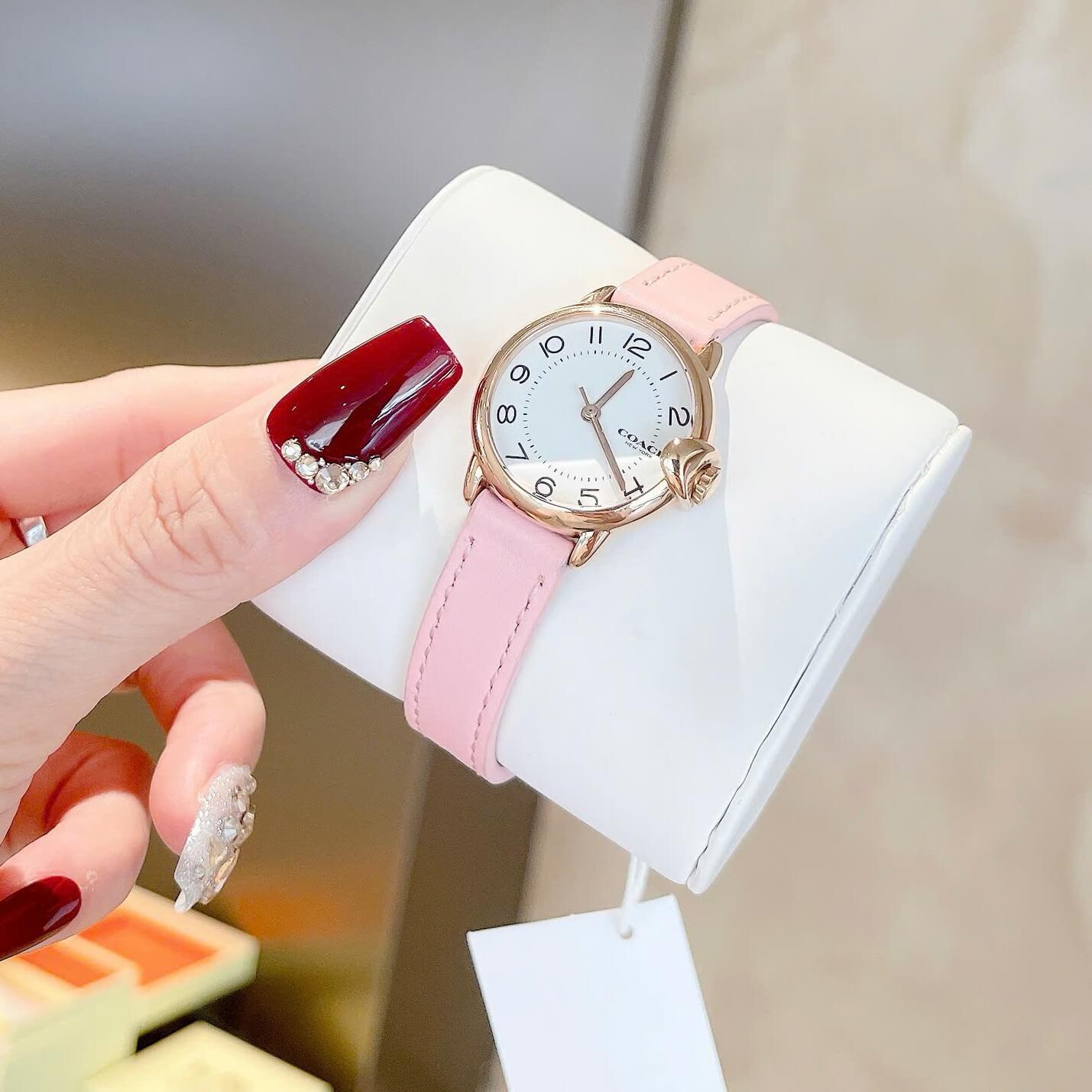 Đồng Hồ Nữ Coach Arden Size 28mm Dây Da Hồng Mặt Trắng Vỏ Rose Quartz