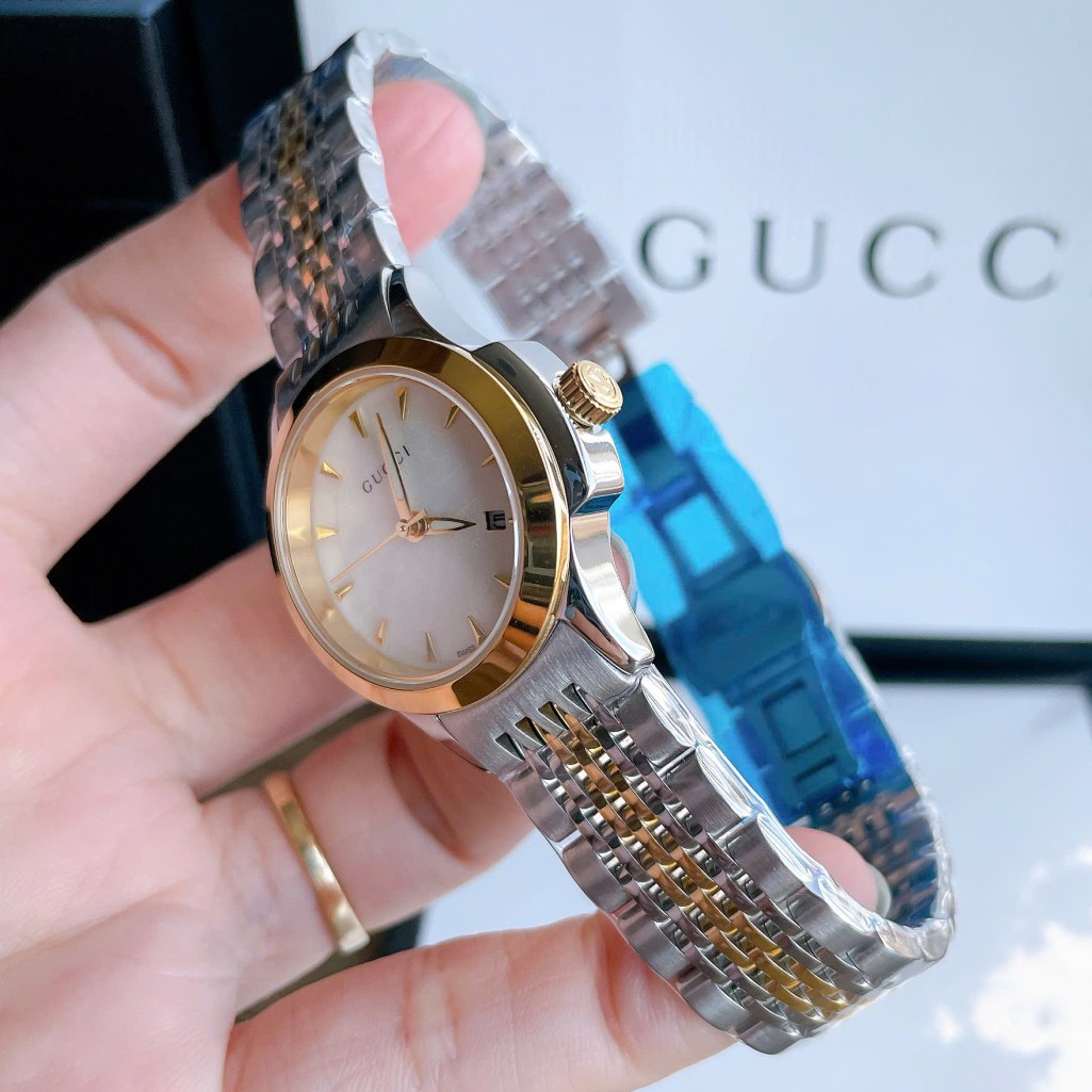 Đồng Hồ Nữ Gucci G-Timeless Dây Thép Demi Vàng Mặt Trắng Size 28mm