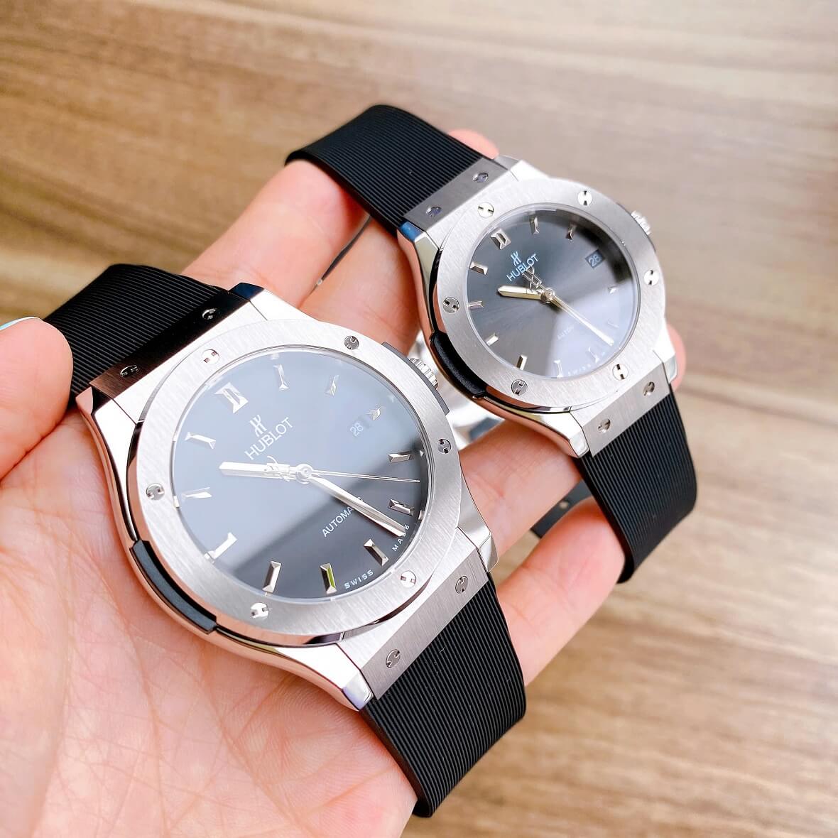 Đồng Hồ Cặp Hublot Classic Fusion Tự Động Mặt Đen Dây Cao Su Vỏ Silver Size 42mm-34mm