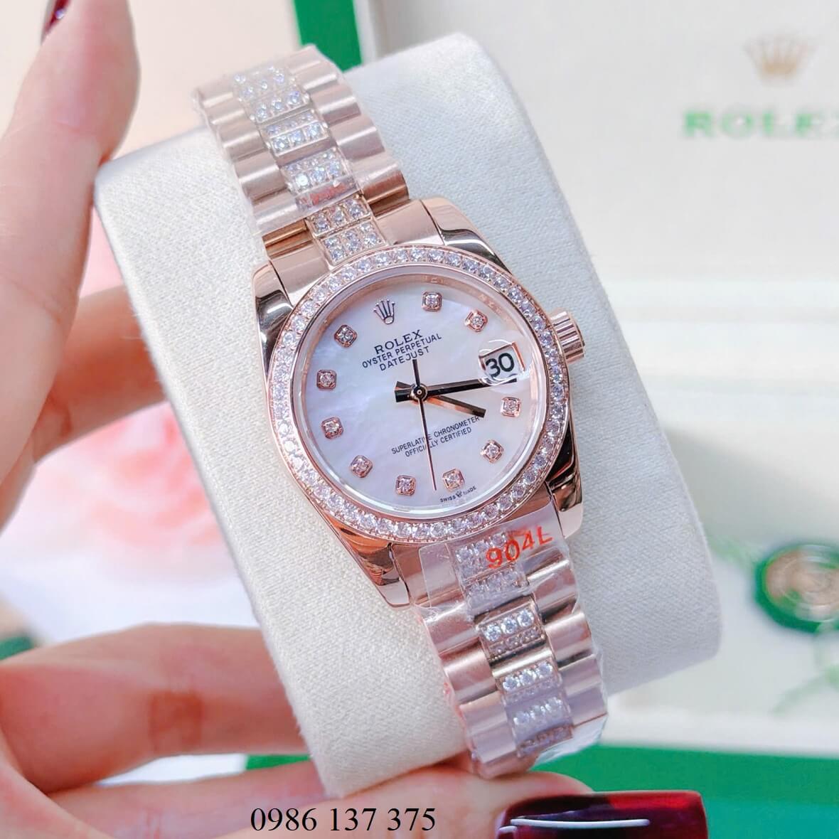 Đồng Hồ Nữ Rolex Datejust Viền Đá Mặt Trắng Xà Cừ Dây Kim Loại Vàng Hồng Đính Đá Size 31mm