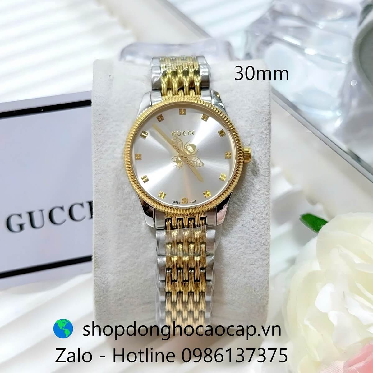 Đồng Hồ Nữ Gucci Kim Ong Mặt Trắng Máy Pin Dây Kim Loại Demi Vàng Size 30mm
