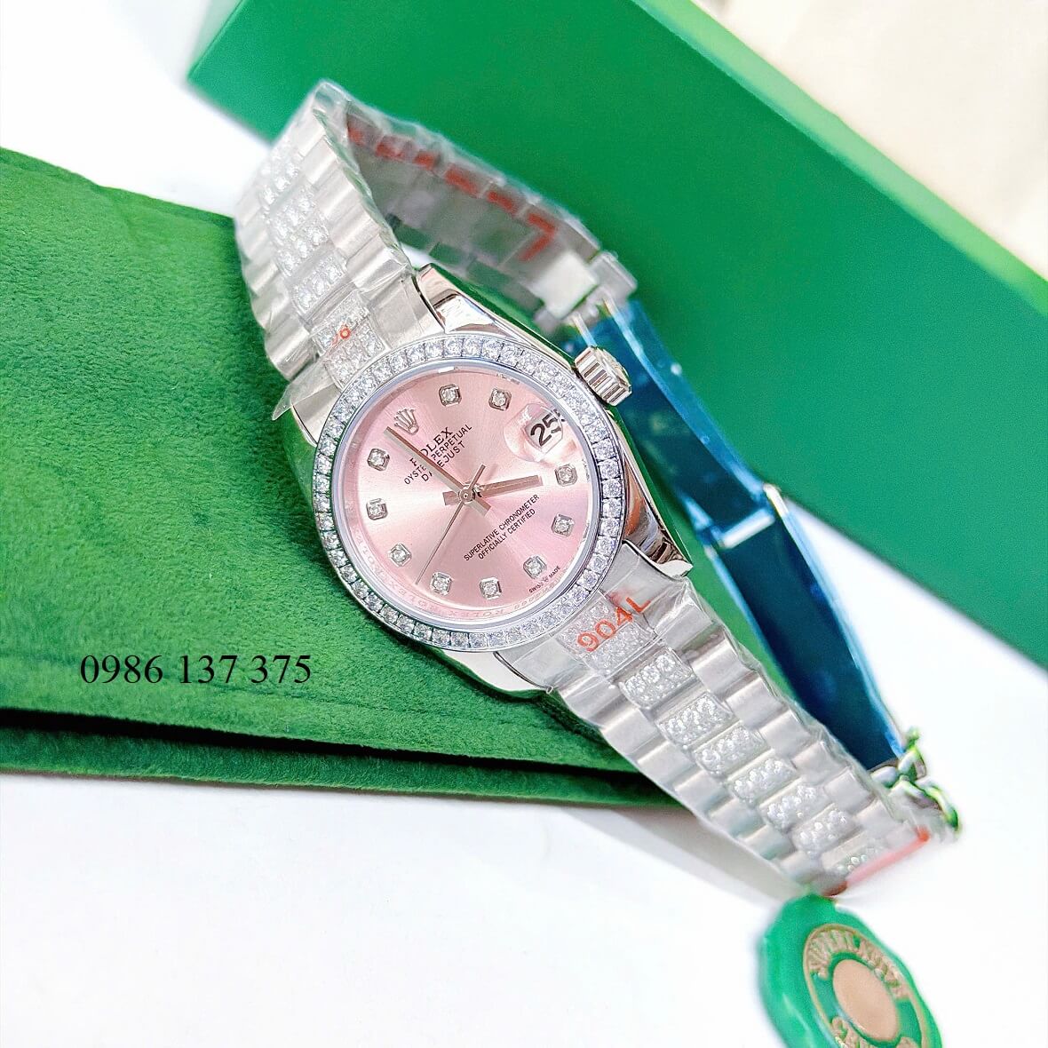 Đồng Hồ Nữ Rolex Datejust Viền Đá Mặt Hồng Dây Kim Loại Inox Đính Đá Máy Pin Size 31mm