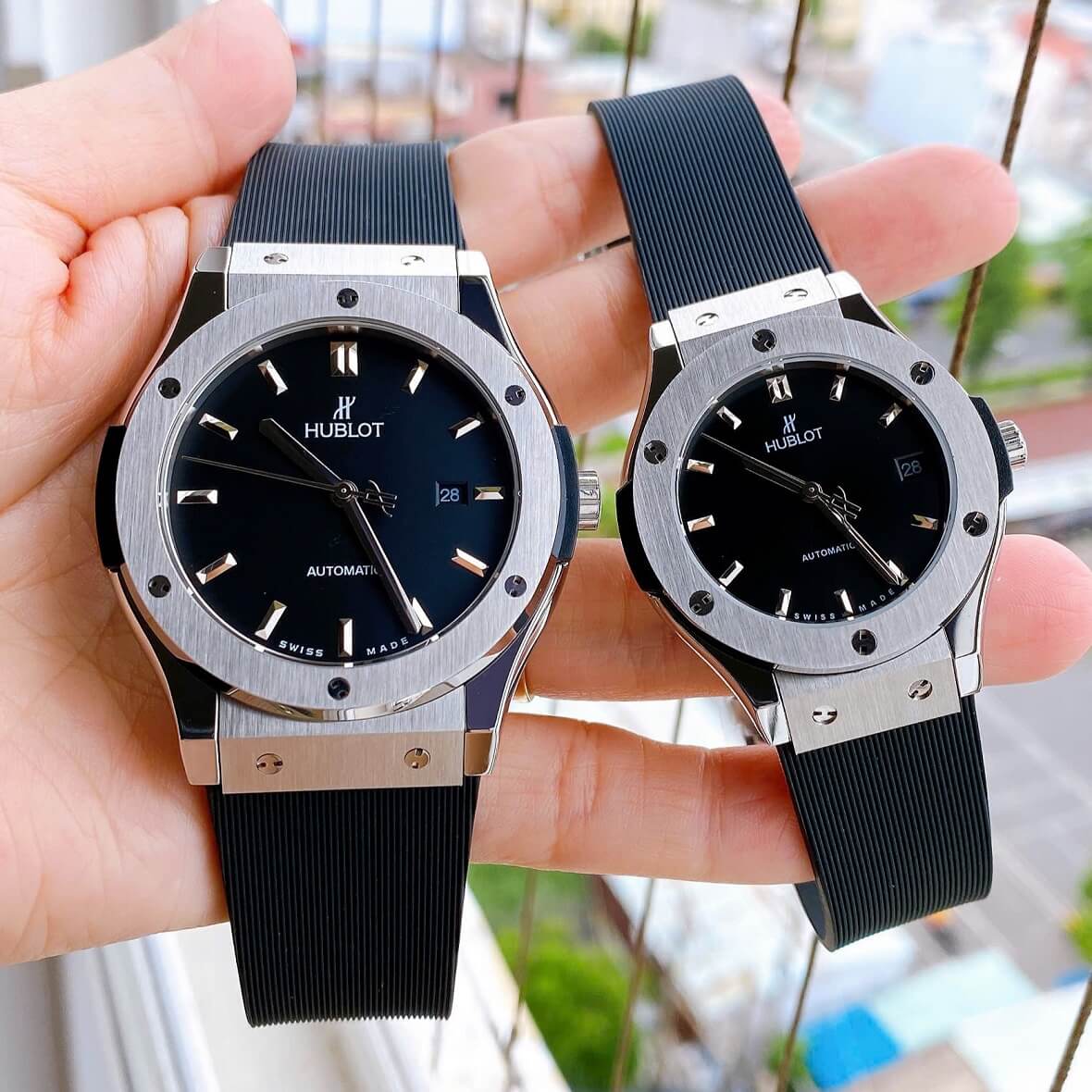 Đồng Hồ Cặp Hublot Classic Fusion Tự Động Mặt Đen Dây Cao Su Vỏ Silver Size 42mm-34mm