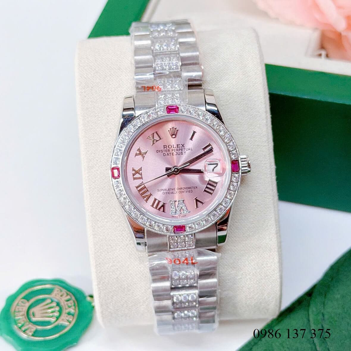 Đồng Hồ Nữ Rolex Datejust Viền Đá Mặt Hồng Dây Kim Loại Inox Đính Đá Máy Pin Size 31mm
