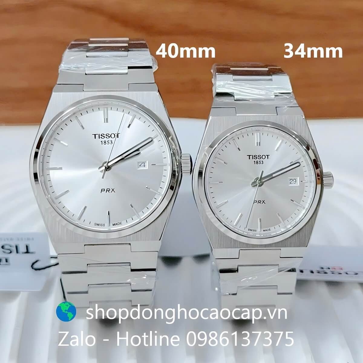 Đồng Hồ Cặp Nam Nữ Tissot PRX Máy Pin Mặt Trắng Dây Kim Loại Size 40mm - 34mm