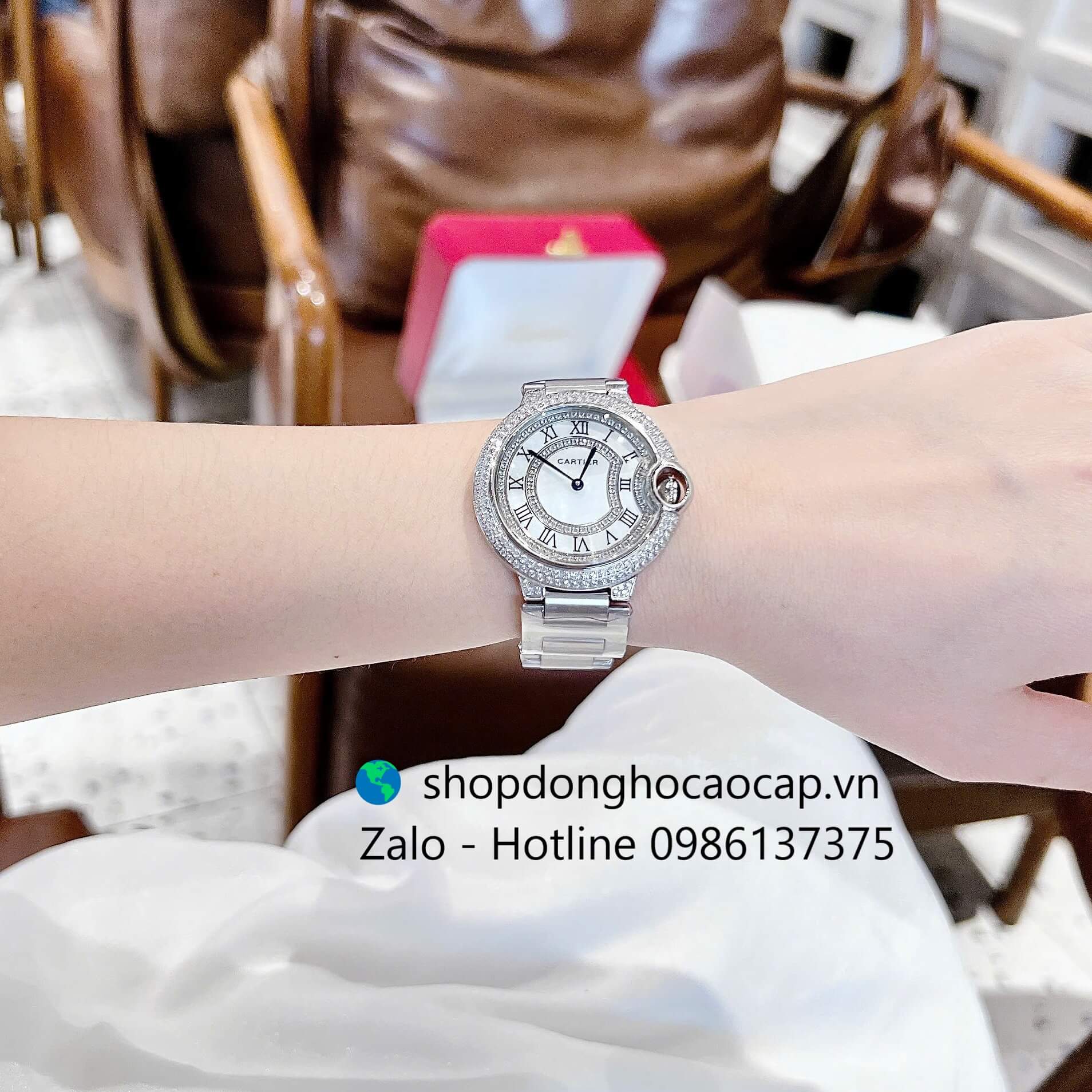 Đồng hồ Cartier Ballon Bleu dây thép bạc, đồng hồ Cartier nữ mặt số la mã size 36mm - Quartz Thụy Sĩ