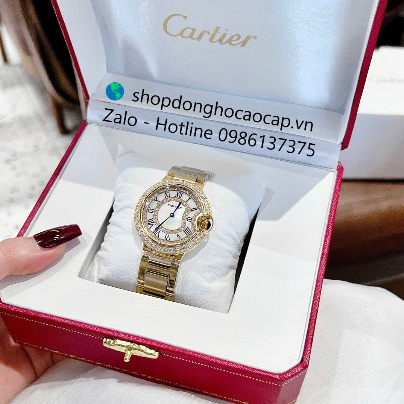 Đồng hồ Cartier Ballon Bleu dây thép vàng gold, đồng hồ Cartier nữ mặt số la mã size 36mm - Quartz Thụy Sĩ