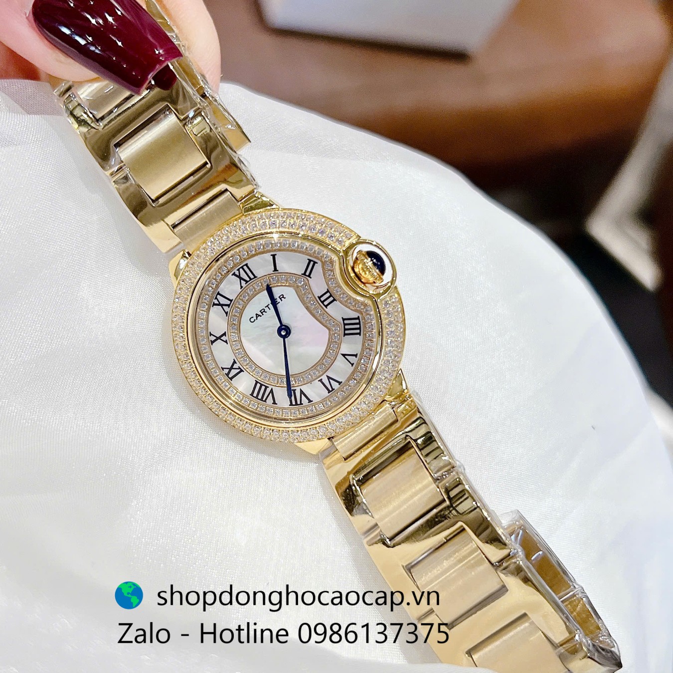 Đồng hồ Cartier Ballon Bleu dây thép vàng gold, đồng hồ Cartier nữ mặt số la mã size 36mm - Quartz Thụy Sĩ