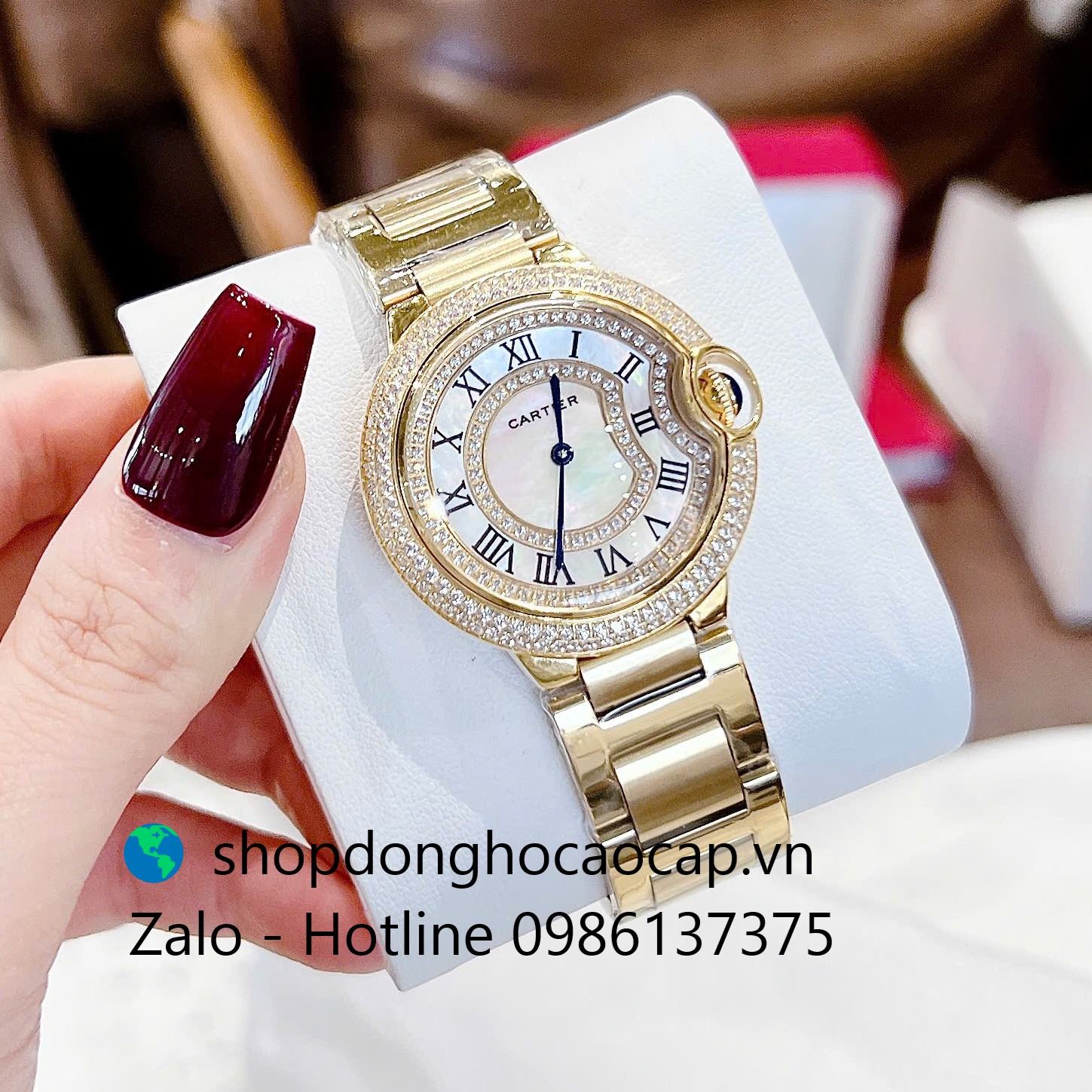 Đồng hồ Cartier Ballon Bleu dây thép vàng gold, đồng hồ Cartier nữ mặt số la mã size 36mm - Quartz Thụy Sĩ