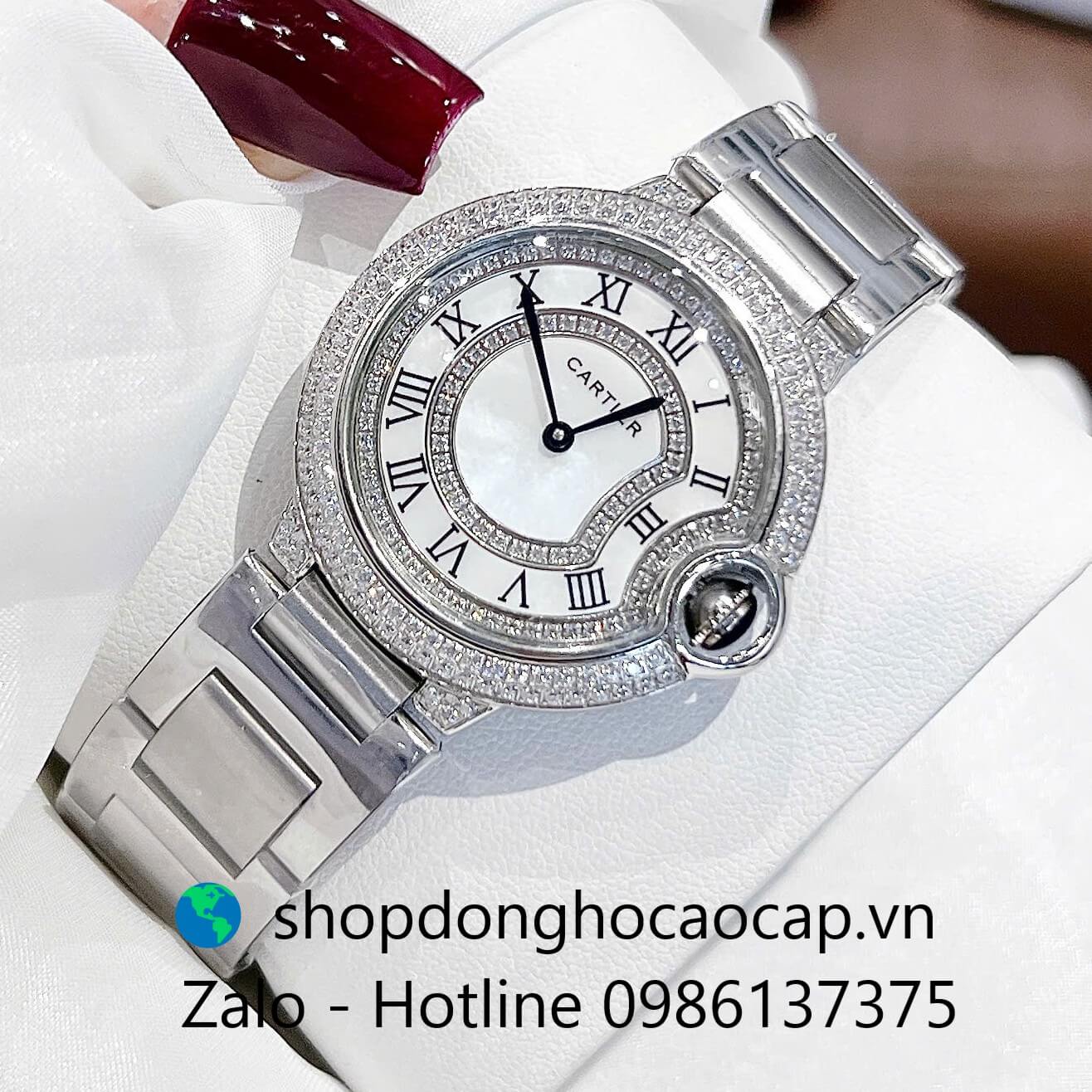 Đồng hồ Cartier Ballon Bleu dây thép bạc, đồng hồ Cartier nữ mặt số la mã size 36mm - Quartz Thụy Sĩ