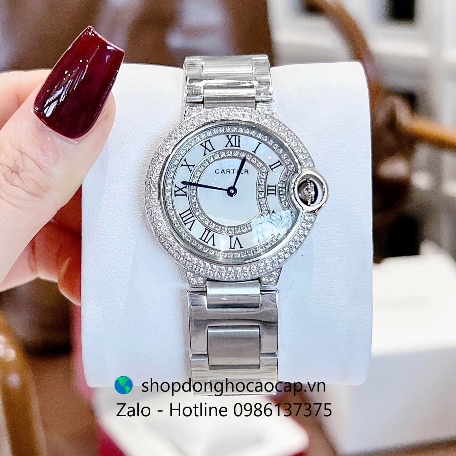 Đồng hồ Cartier Ballon Bleu dây thép bạc, đồng hồ Cartier nữ mặt số la mã size 36mm - Quartz Thụy Sĩ