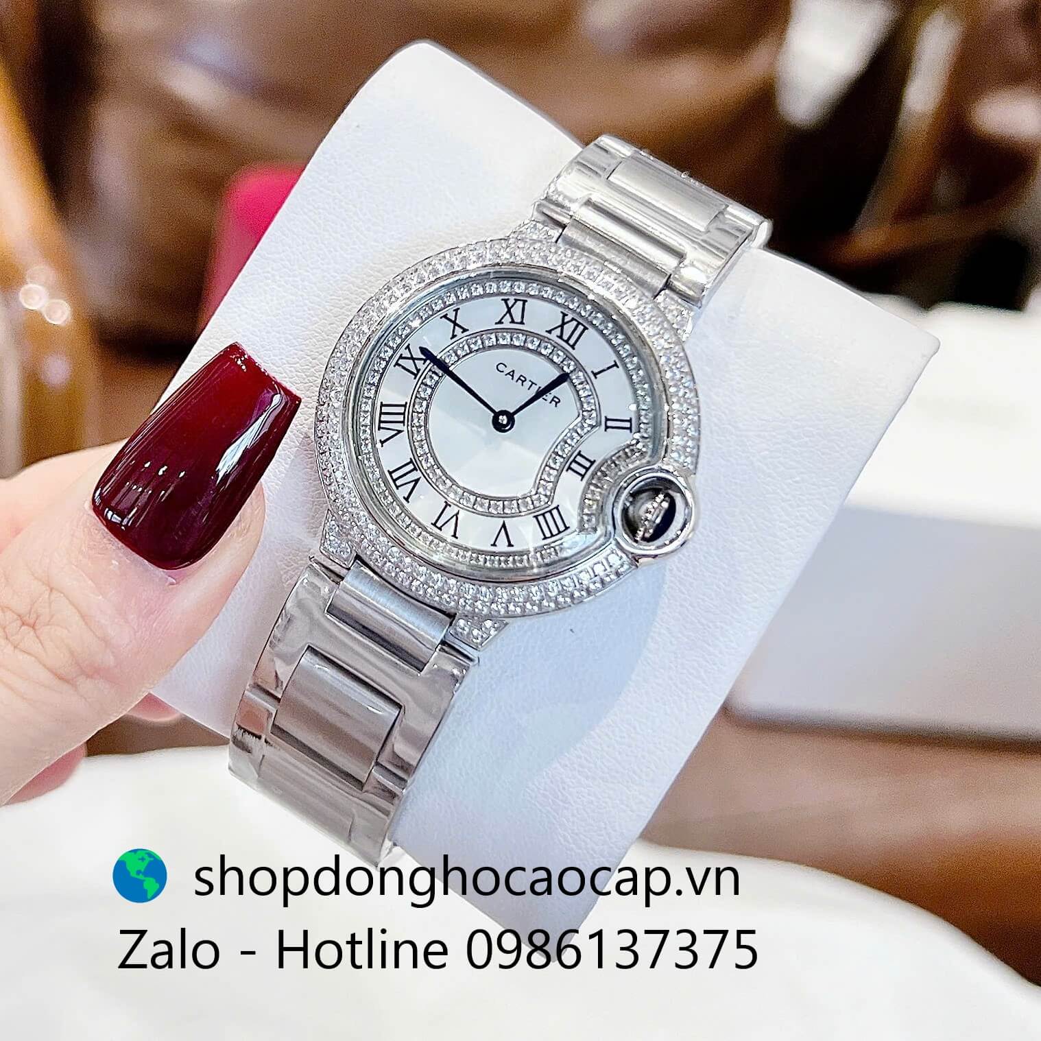 Đồng hồ Cartier Ballon Bleu dây thép bạc, đồng hồ Cartier nữ mặt số la mã size 36mm - Quartz Thụy Sĩ