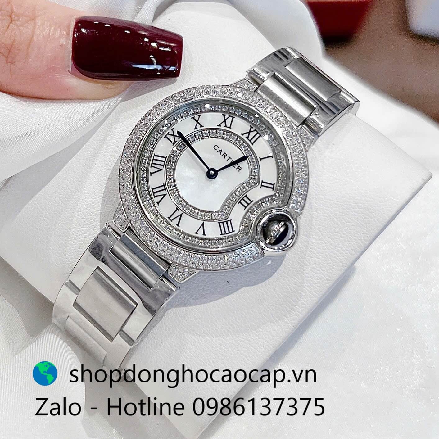 Đồng hồ Cartier Ballon Bleu dây thép bạc, đồng hồ Cartier nữ mặt số la mã size 36mm - Quartz Thụy Sĩ