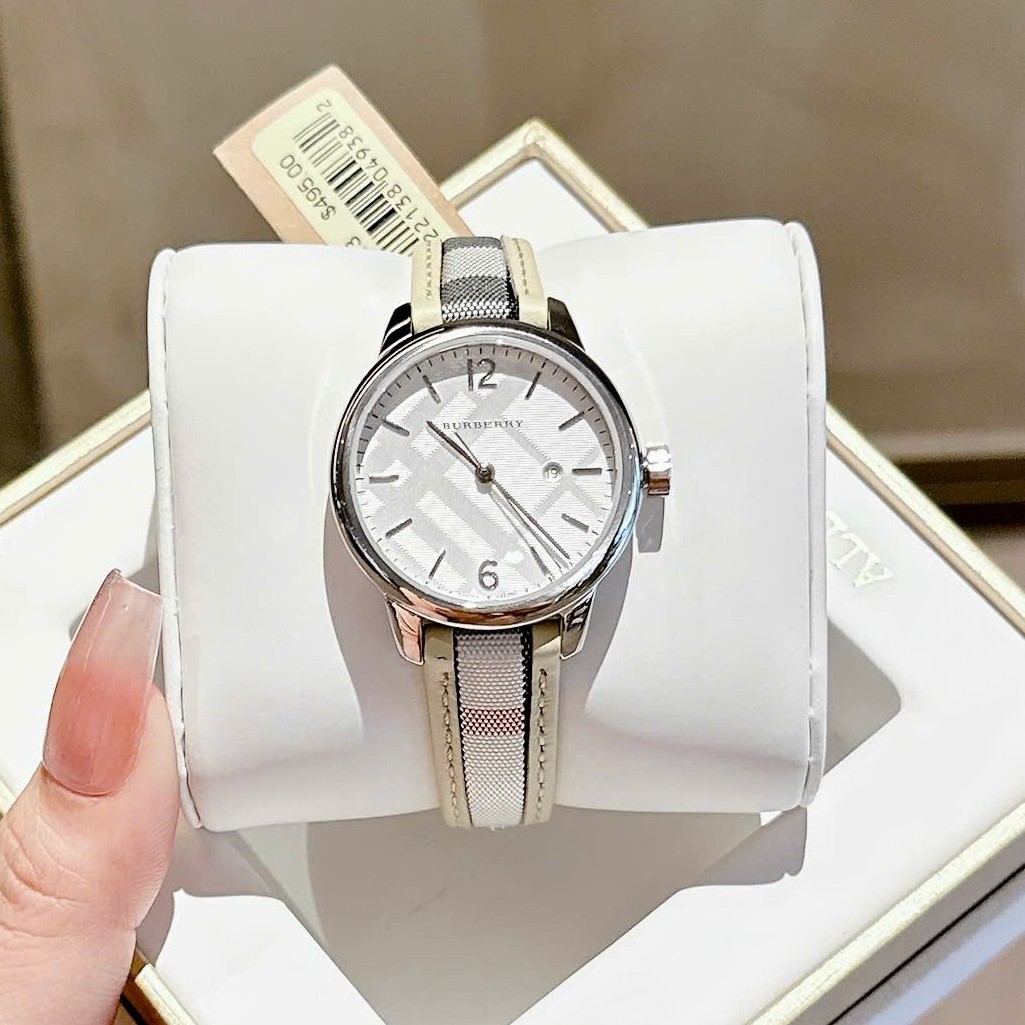 Đồng Hồ Nữ Burberry BU10113 Máy Thụy Sĩ Quartz Size 32mm Dây Da Caro Sọc Trắng Vỏ Silver