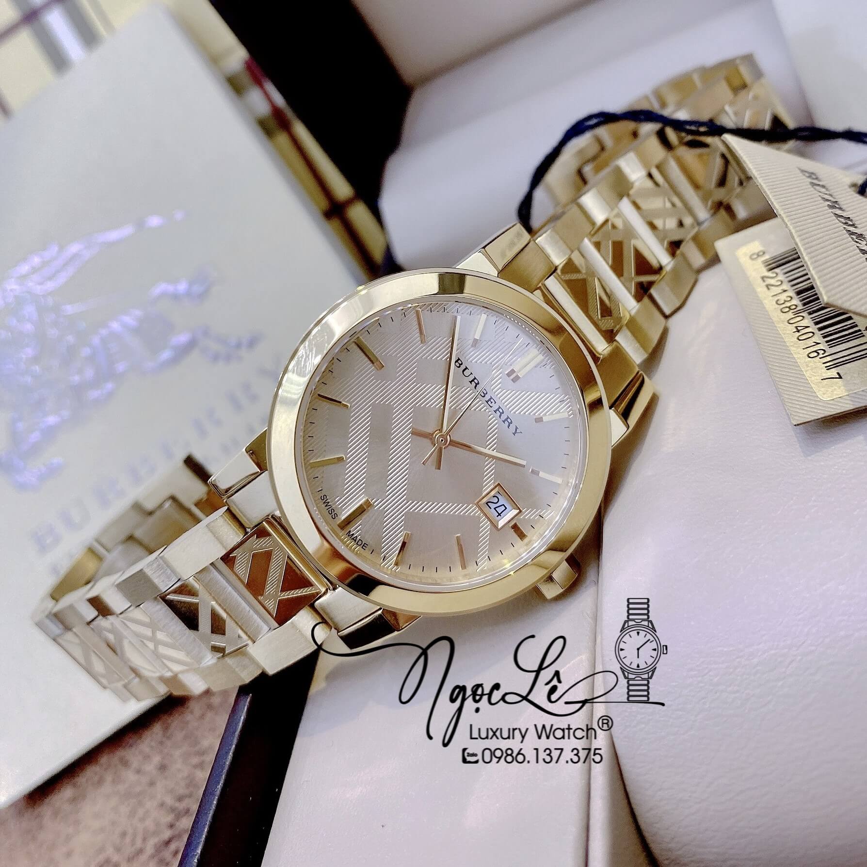 Đồng Hồ Cặp Burberry The City Dây Kim Loại Vàng Gold Size 34mm 38mm BU9038 BU9145