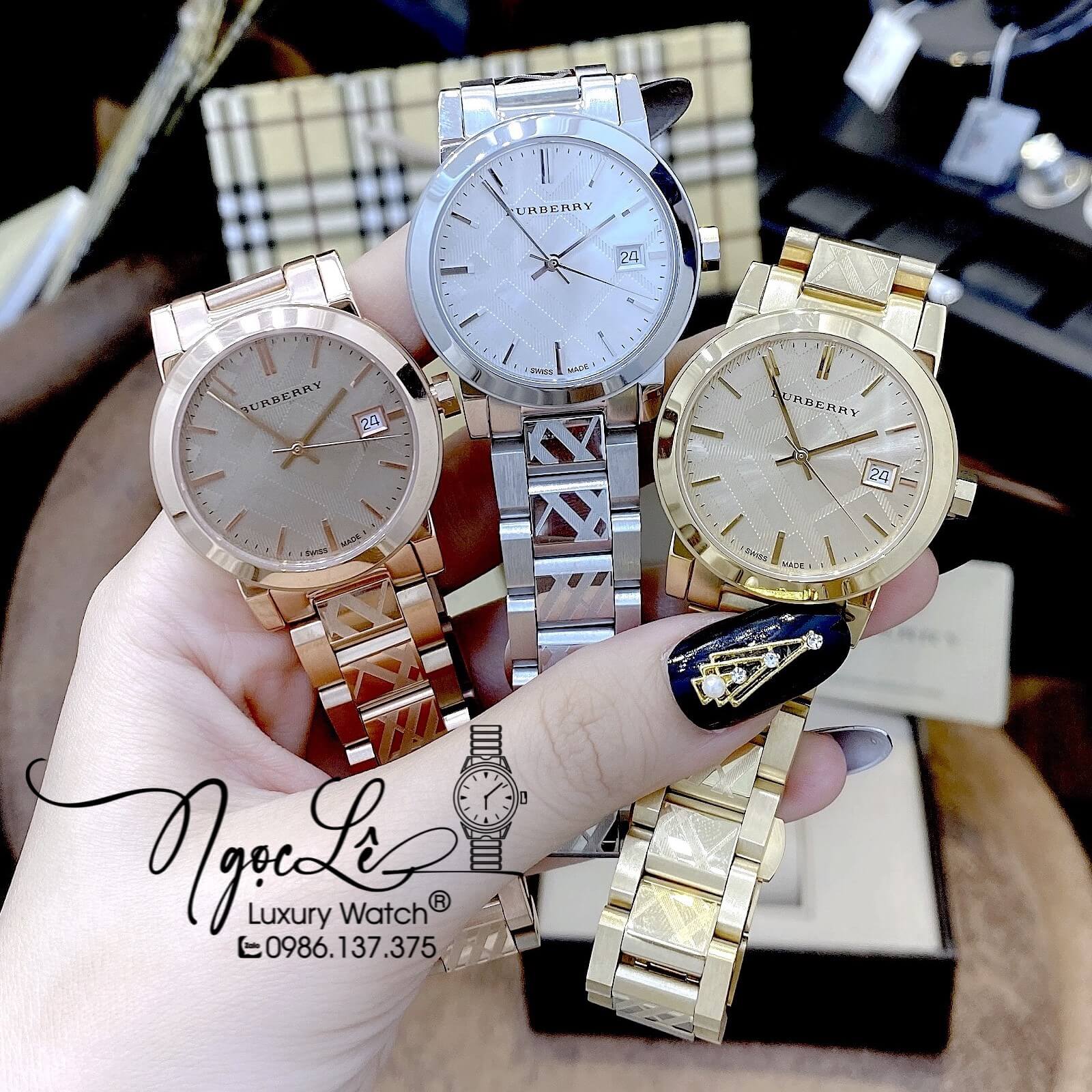 Đồng Hồ Cặp Burberry The City Dây Kim Loại Vàng Gold Size 34mm 38mm BU9038 BU9145