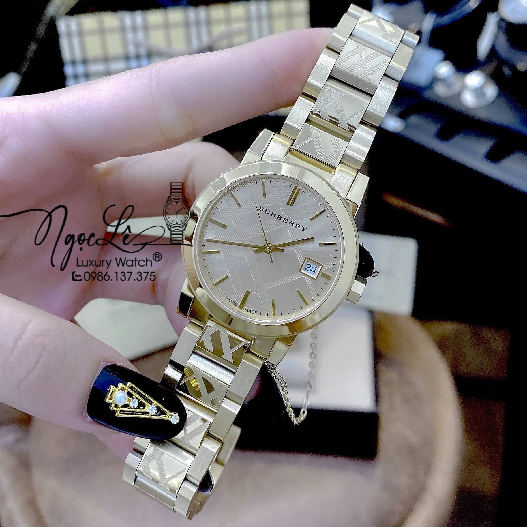 Đồng Hồ Cặp Burberry The City Dây Kim Loại Vàng Gold Size 34mm 38mm BU9038 BU9145
