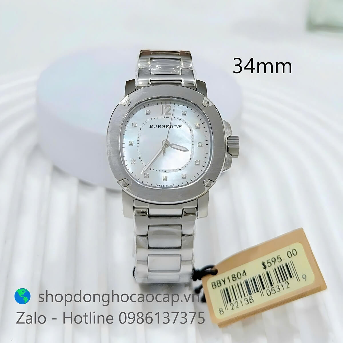 Đồng Hồ Nữ Burberry BBY1804 Mặt Trắng Xà Cừ Máy Pin Thụy Dây Kim Loại Inox Size 34mm
