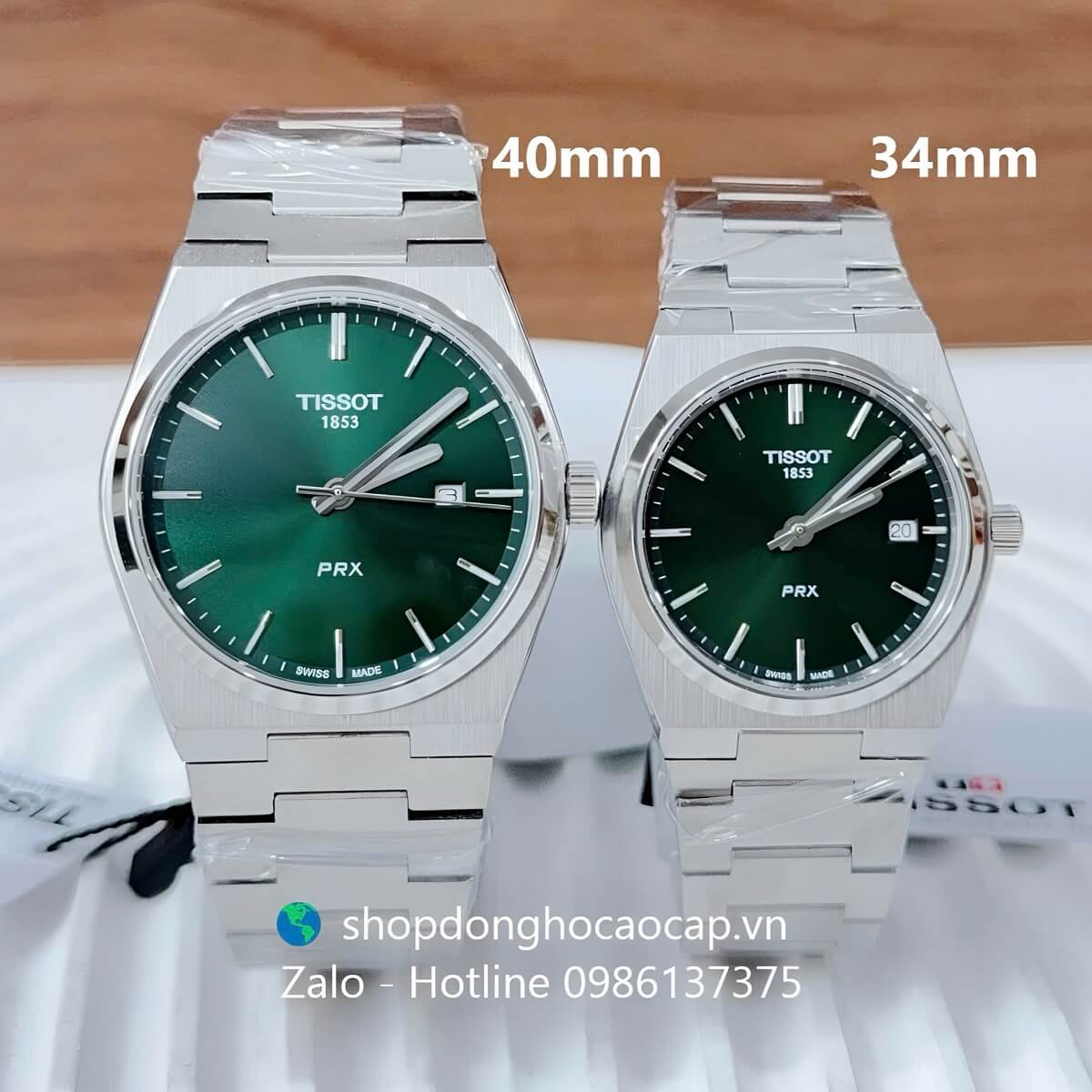 Đồng Hồ Cặp Nam Nữ Tissot PRX Máy Pin Mặt Xanh Lá Dây Kim Loại Size 40mm - 34mm