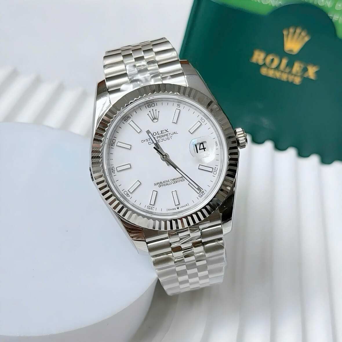 Đồng Hồ Nam Rolex Datejust Viền Khía Máy Tự Động Thụy Sĩ Mặt Trắng Dây Inox Size 41mm