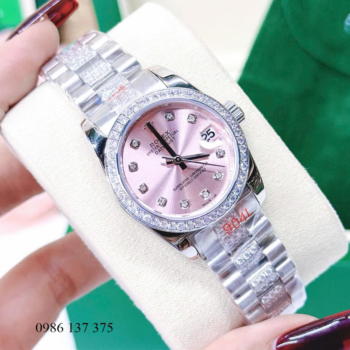 Đồng Hồ Nữ Rolex Datejust Viền Đá Mặt Hồng Dây Kim Loại Inox Đính Đá Máy Pin Size 31mm