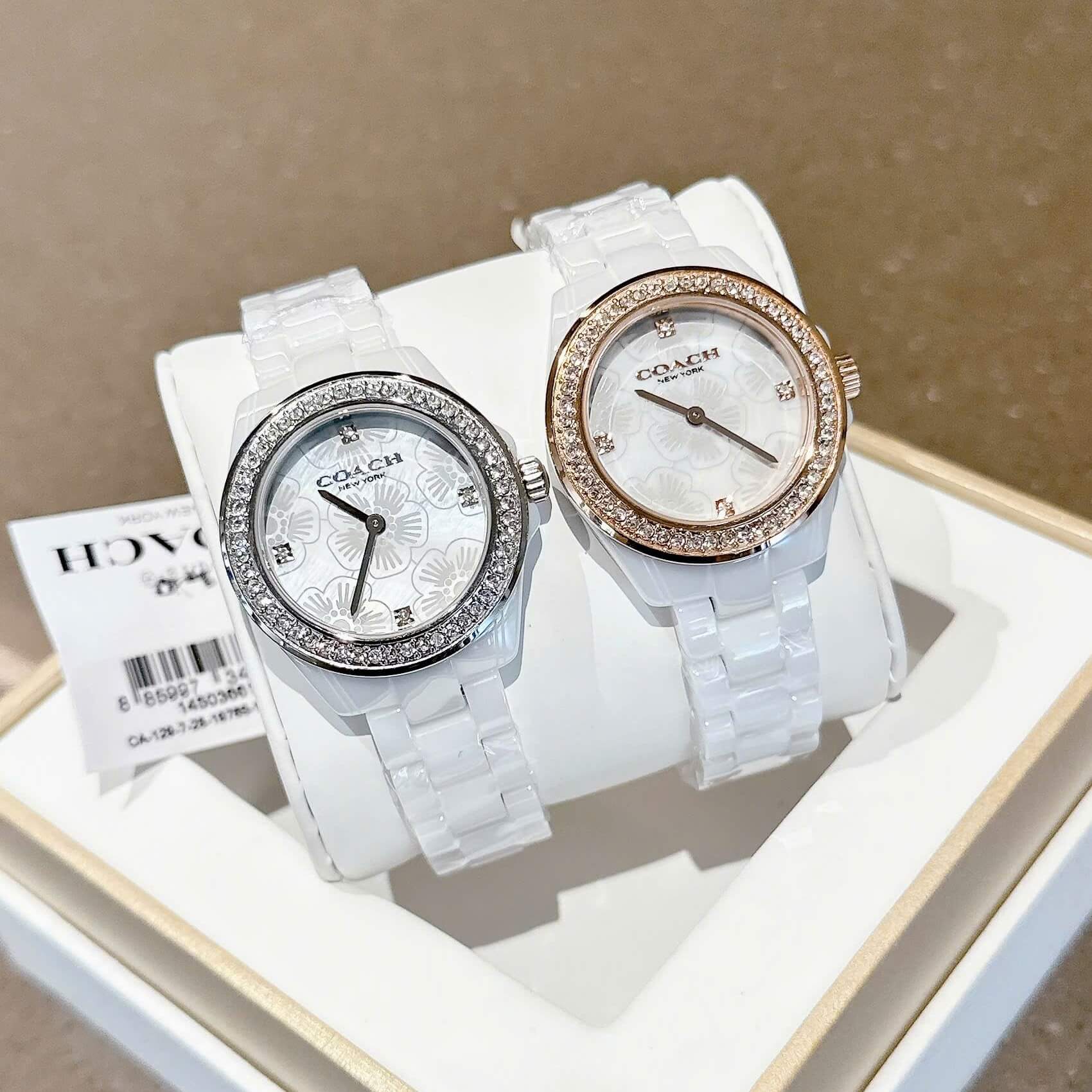 Đồng Hồ Nữ Coach Ceramic Trắng Viền Đá Mặt Họa Tiết Hoa Trà Size 33mm Vỏ Silver Quartz