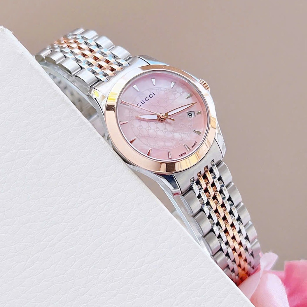 Đồng hồ nữ Gucci G-Timeless dây thép demi vàng mặt xà cừ hồng size 28mm fullbox