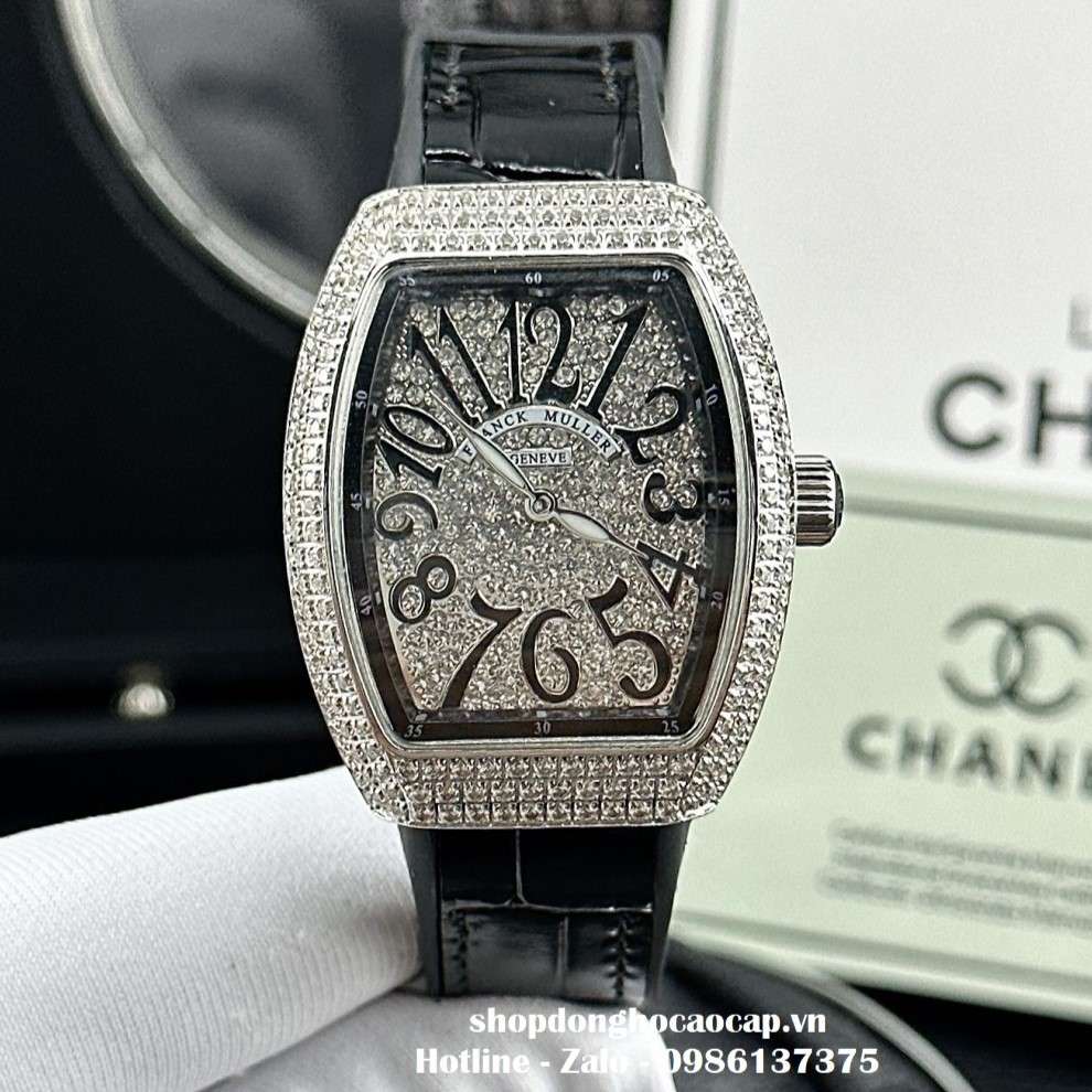 Đồng Hồ Franck Muller V32 Nữ Dây Da Silicon Đen Đính Đá Bạc 34mm