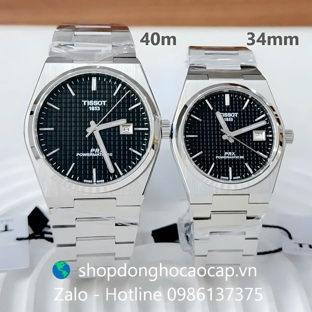 Đồng Hồ Cặp Nam Nữ Tissot PRX Máy Pin Mặt Đen Caro Dây Kim Loại 40mm 34mm