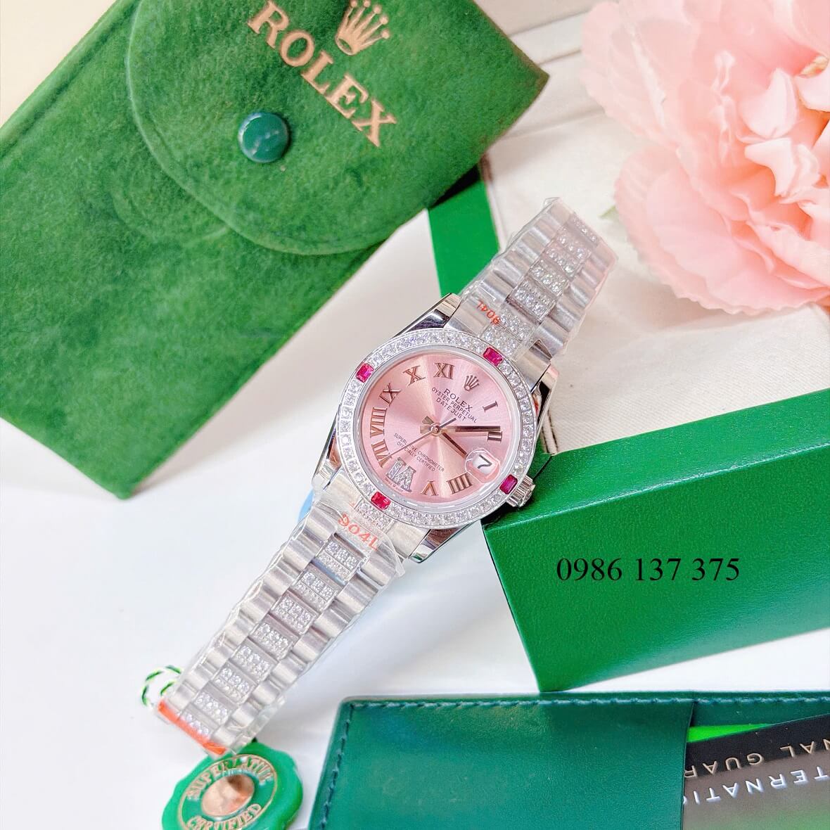 Đồng Hồ Nữ Rolex Datejust Viền Đá Mặt Hồng Dây Kim Loại Inox Đính Đá Máy Pin Size 31mm