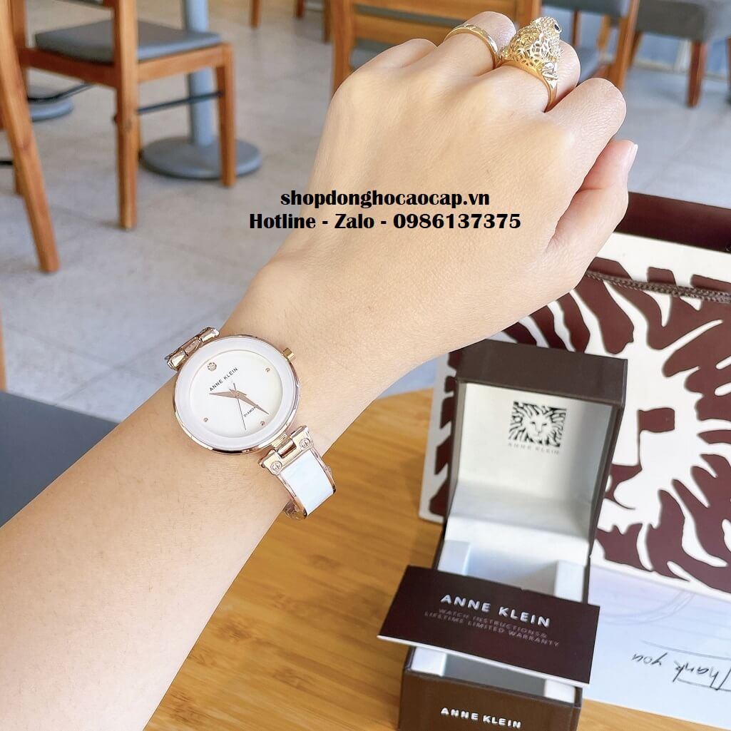 Đồng Hồ Nữ Anne Klein Đá Ceramic Trắng Vỏ Rose Cao Cấp 34mm