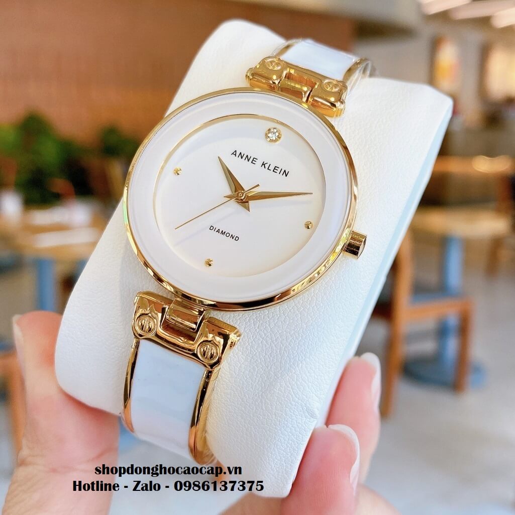 Đồng Hồ Nữ Anne Klein Đá Ceramic Trắng Vỏ Vàng Cao Cấp 34mm