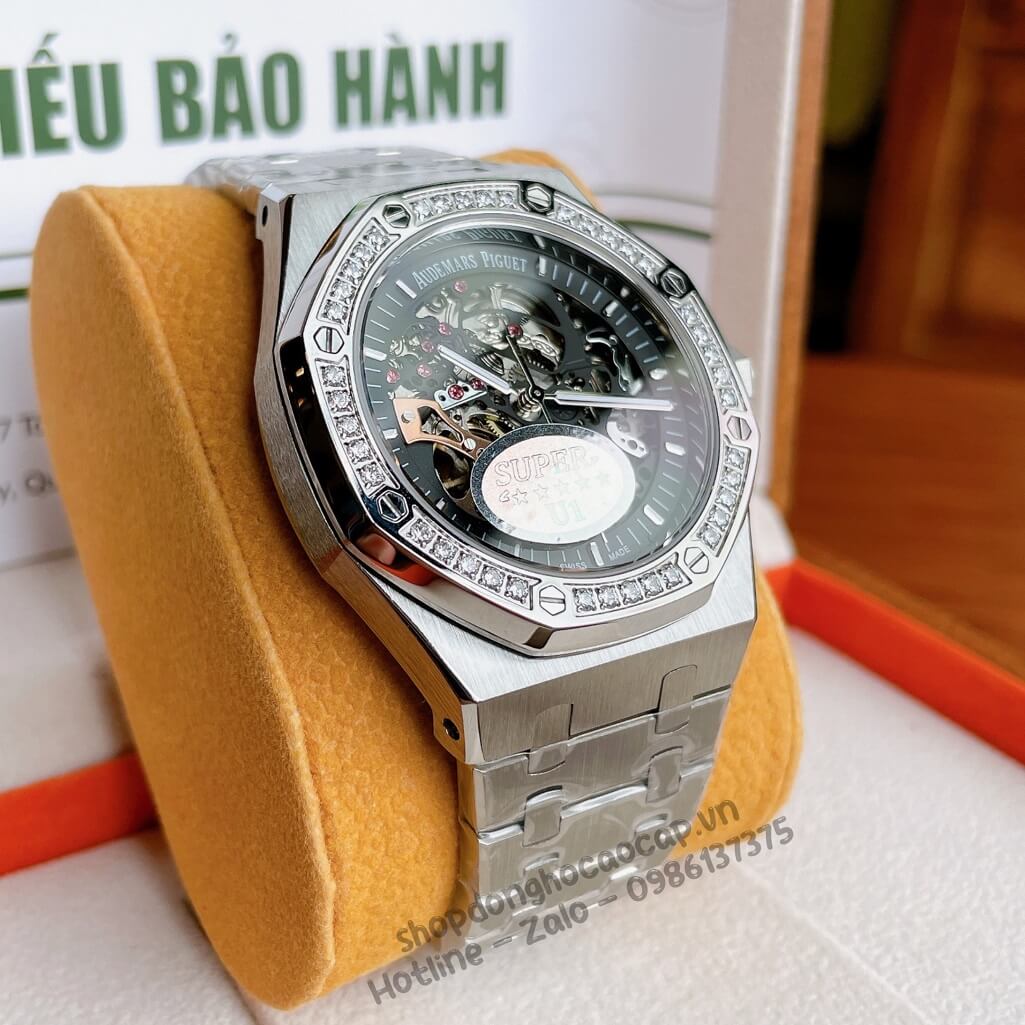 Đồng Hồ Audemars Piguet Royal Oak Automatic Dây Thép Silver Mặt Đen Đính Đá 42mm