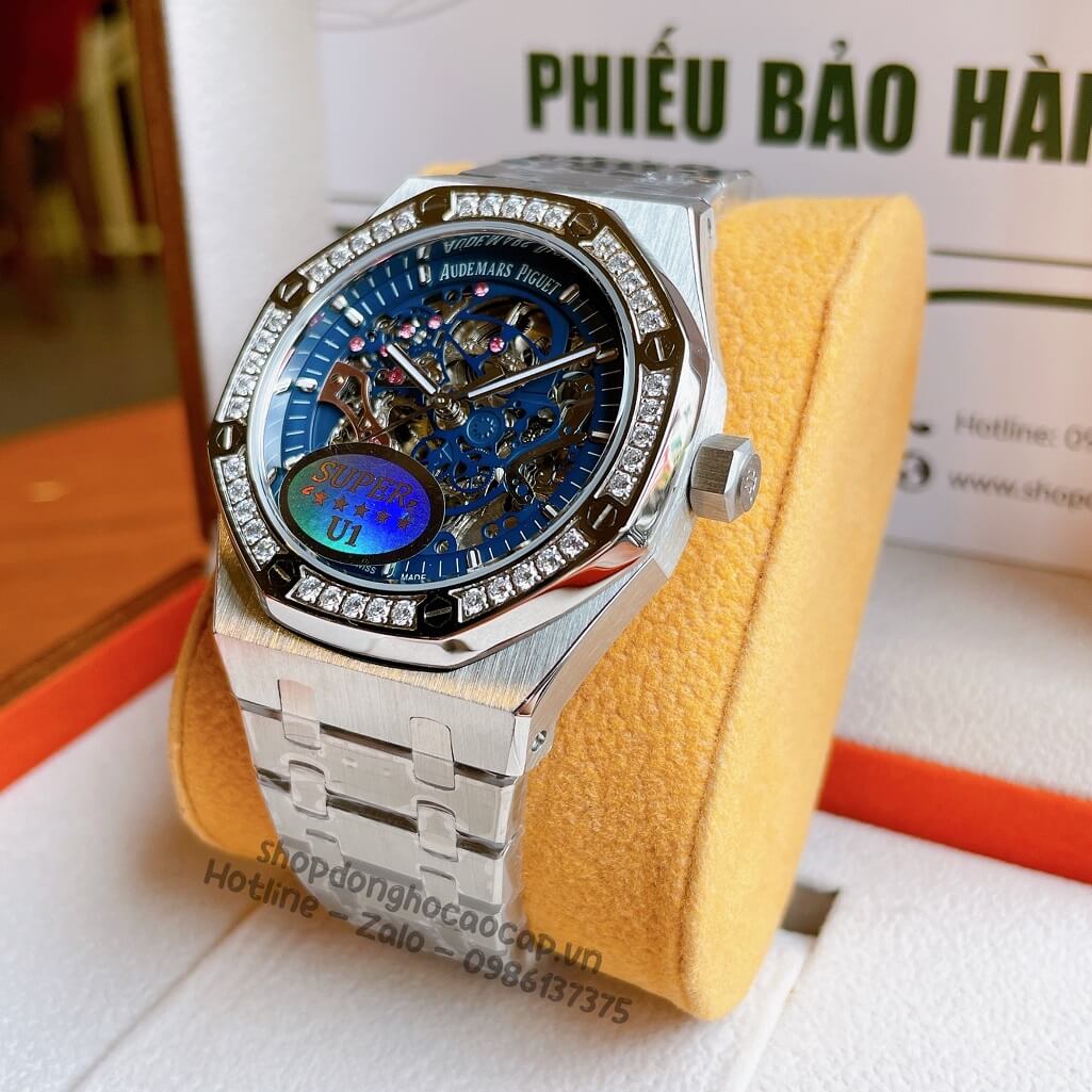 Đồng Hồ Nam Audemars Piguet Royal Oak Automatic Dây Thép Màu Silver Mặt Xanh Dương Đậm Sữa Đính Đá 42mm