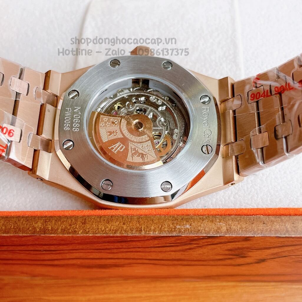 Đồng Hồ Audemars Piguet Royal Oak Automatic Dây Thép Rose Mặt Đen Đính Đá 42mm