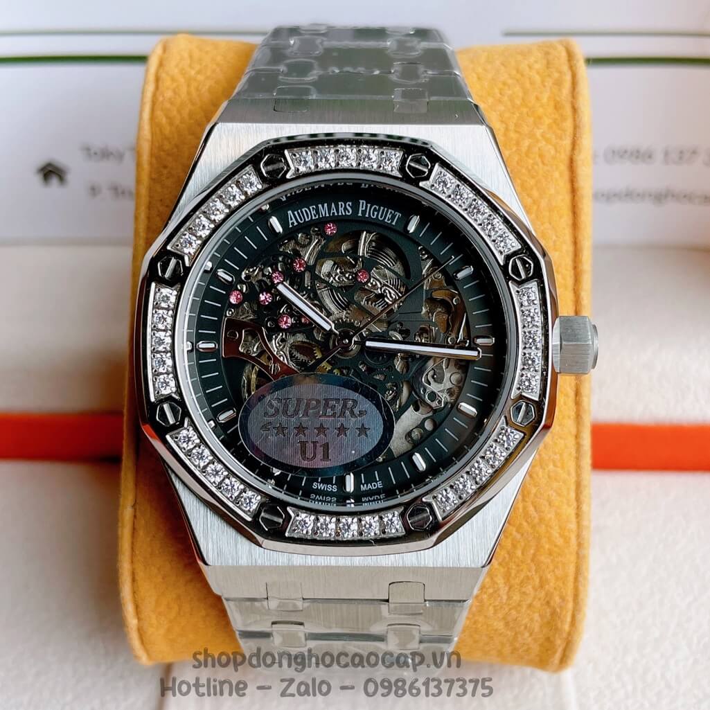 Đồng Hồ Audemars Piguet Royal Oak Automatic Dây Thép Silver Mặt Đen Đính Đá 42mm