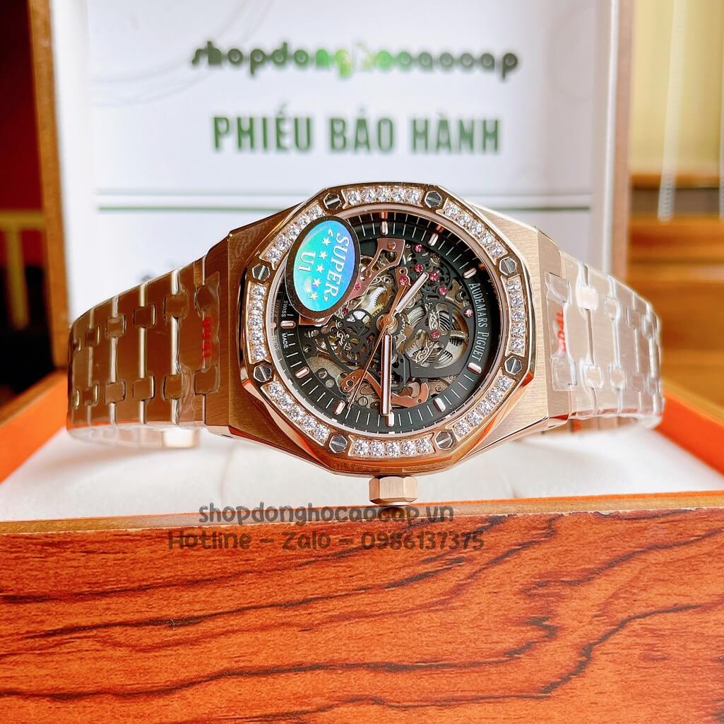 Đồng Hồ Audemars Piguet Royal Oak Automatic Dây Thép Rose Mặt Đen Đính Đá 42mm