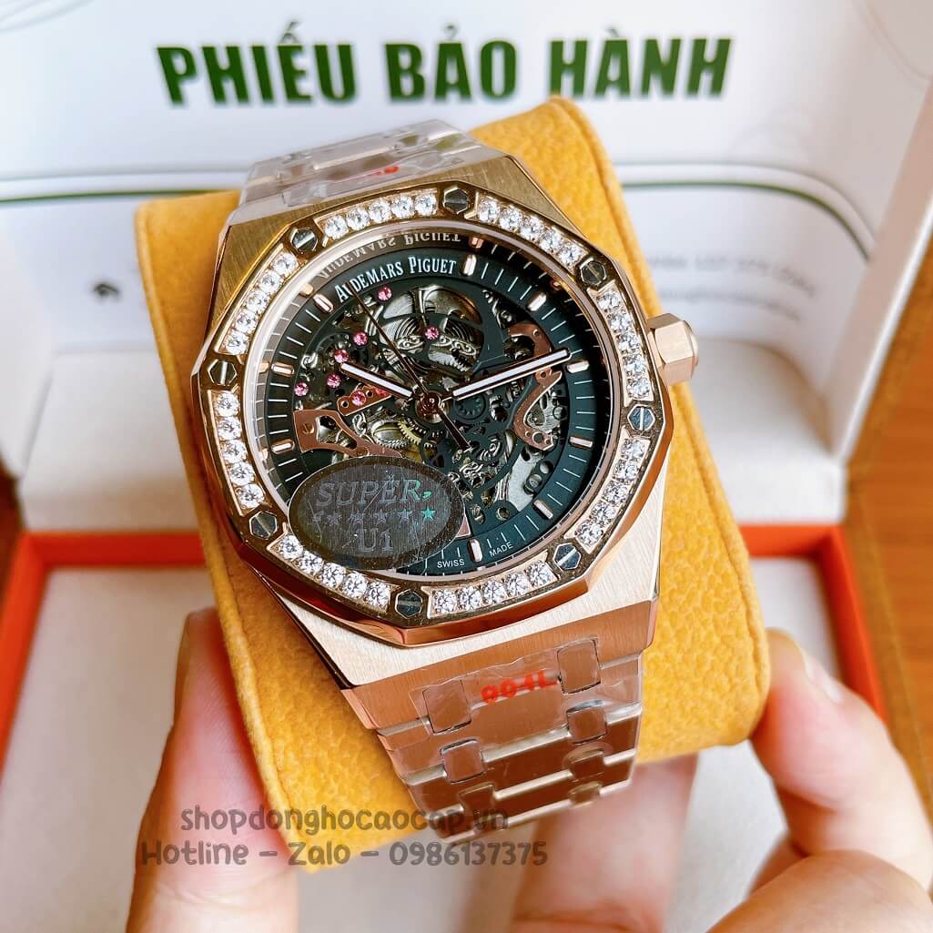 Đồng Hồ Audemars Piguet Royal Oak Automatic Dây Thép Rose Mặt Đen Đính Đá 42mm