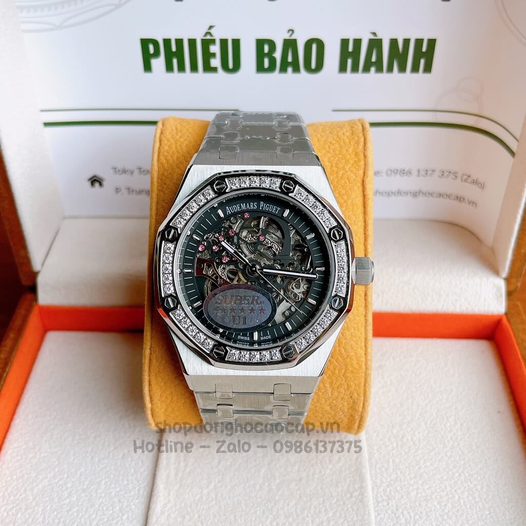 Đồng Hồ Audemars Piguet Royal Oak Automatic Dây Thép Silver Mặt Đen Đính Đá 42mm