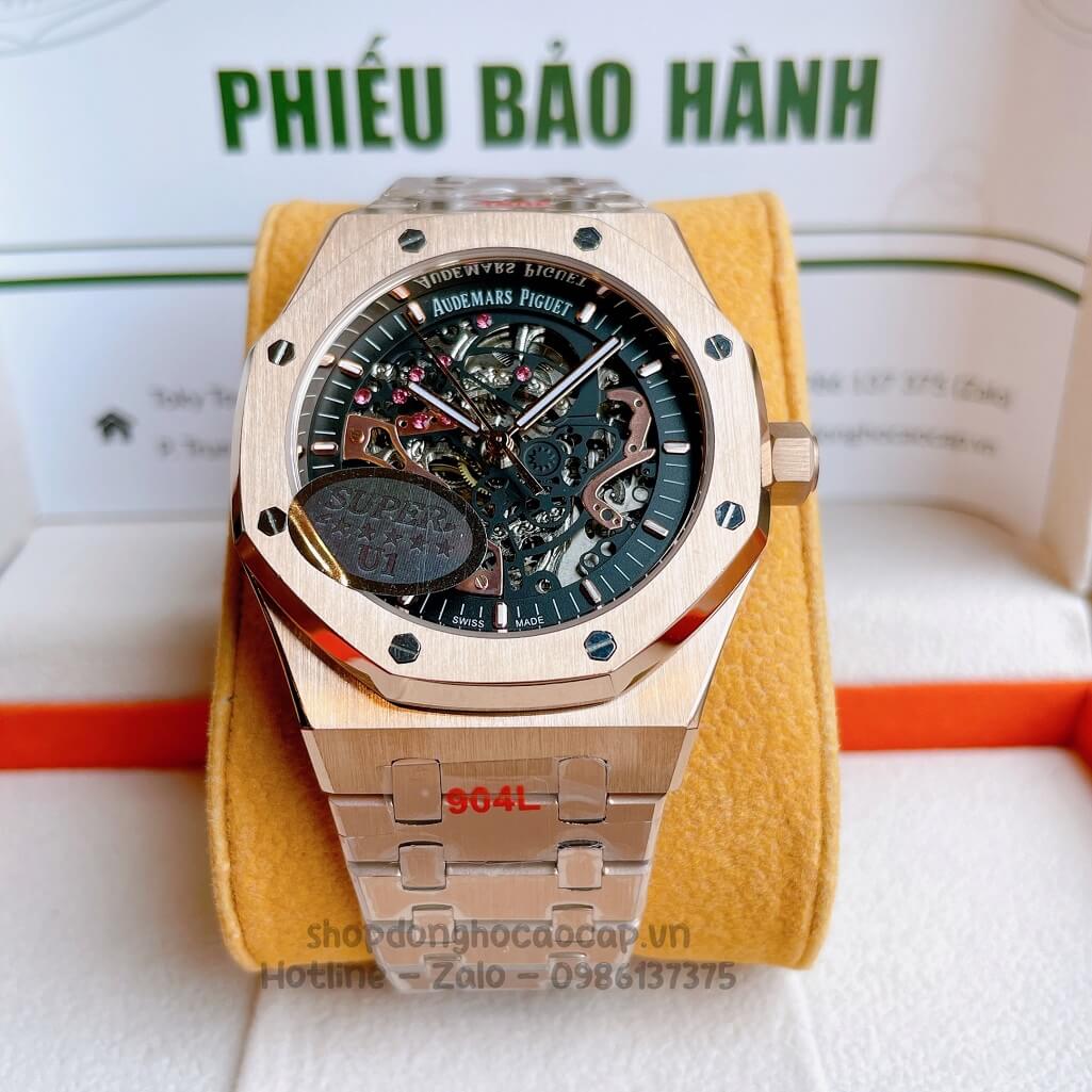 Đồng Hồ Audemars Piguet Royal Oak Automatic Dây Thép Rose Mặt Đen Lộ Máy 42mm