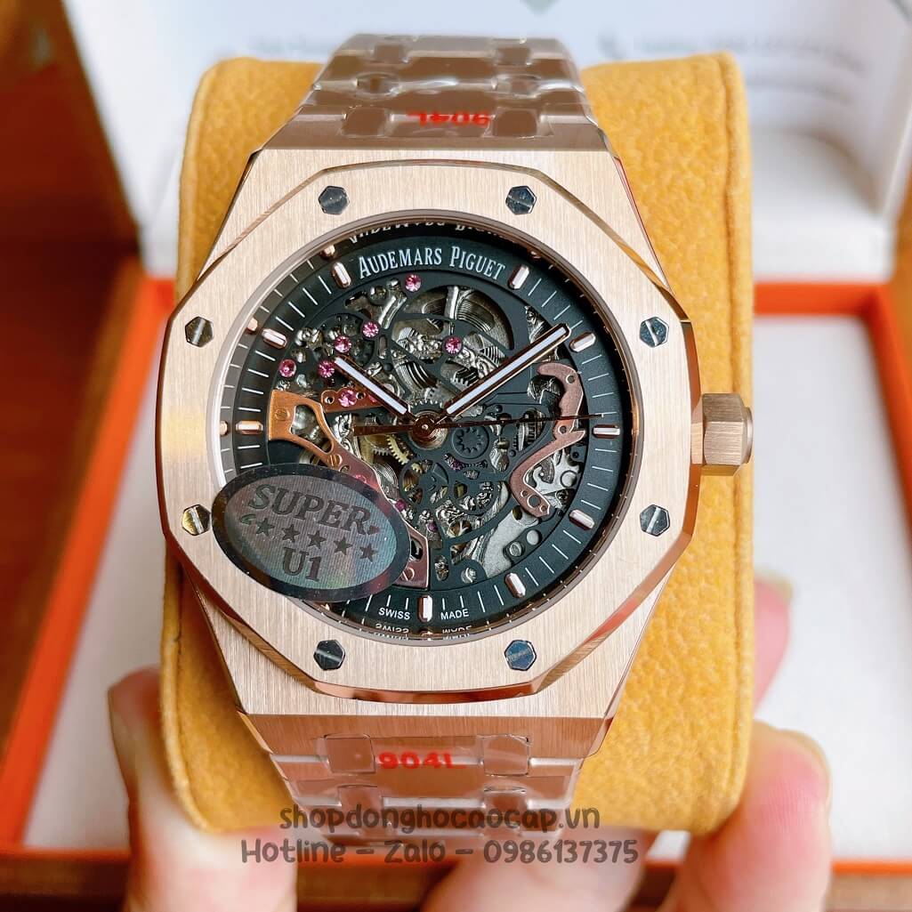 Đồng Hồ Audemars Piguet Royal Oak Automatic Dây Thép Rose Mặt Đen Lộ Máy 42mm