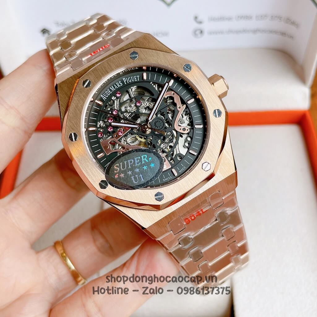 Đồng Hồ Audemars Piguet Royal Oak Automatic Dây Thép Rose Mặt Đen Lộ Máy 42mm