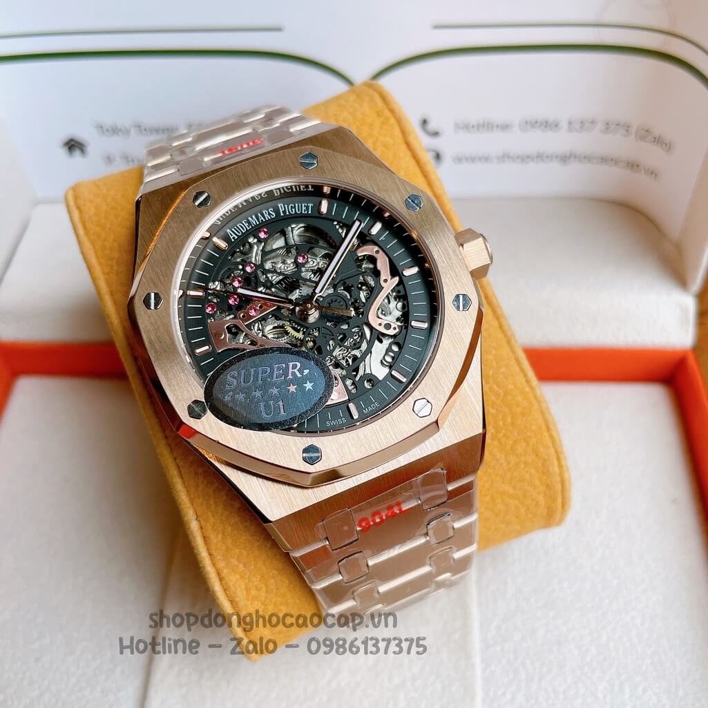 Đồng Hồ Audemars Piguet Royal Oak Automatic Dây Thép Rose Mặt Đen Lộ Máy 42mm