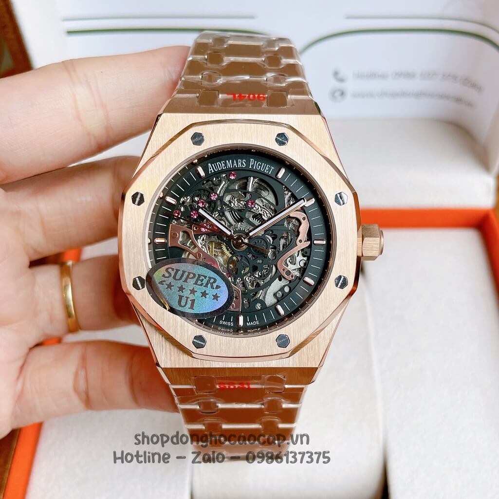 Đồng Hồ Audemars Piguet Royal Oak Automatic Dây Thép Rose Mặt Đen Lộ Máy 42mm