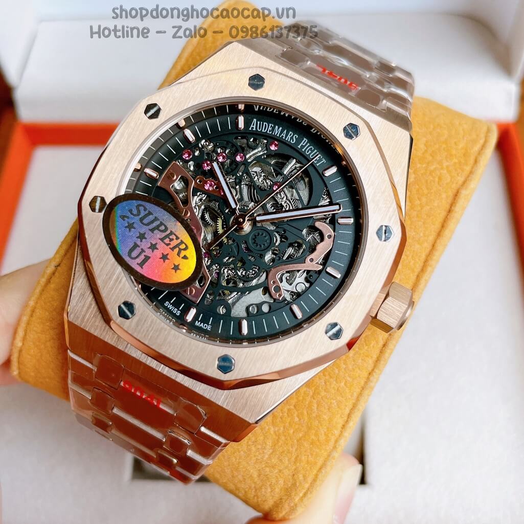 Đồng Hồ Audemars Piguet Royal Oak Automatic Dây Thép Rose Mặt Đen Lộ Máy 42mm