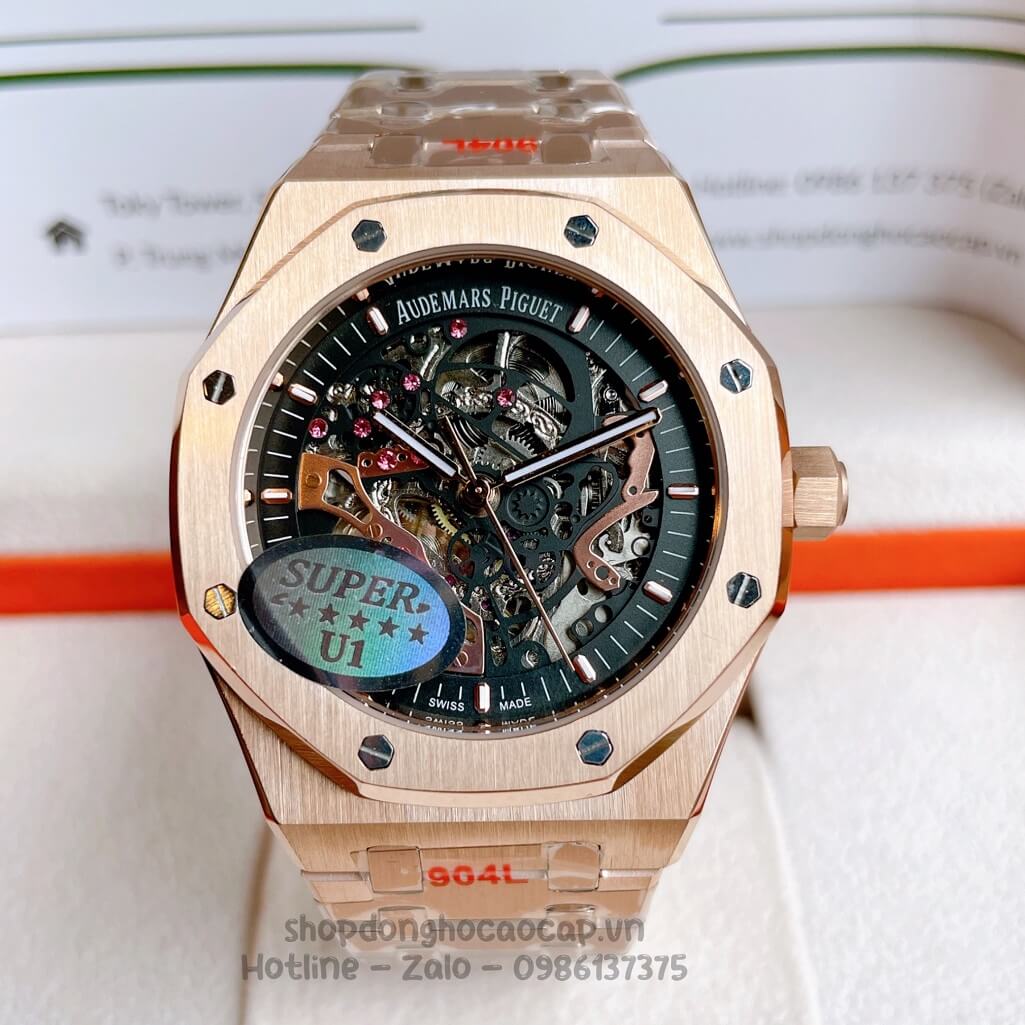 Đồng Hồ Audemars Piguet Royal Oak Automatic Dây Thép Rose Mặt Đen Lộ Máy 42mm