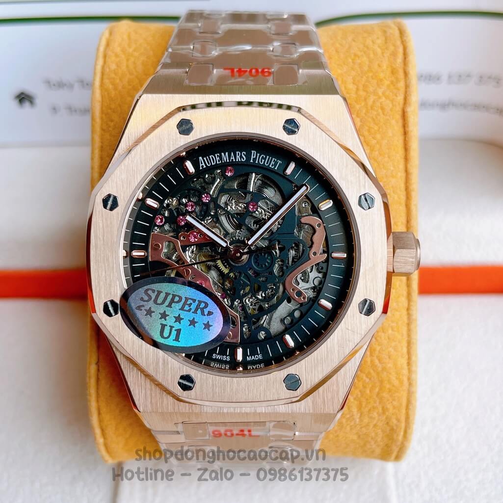 Đồng Hồ Audemars Piguet Royal Oak Automatic Dây Thép Rose Mặt Đen Lộ Máy 42mm