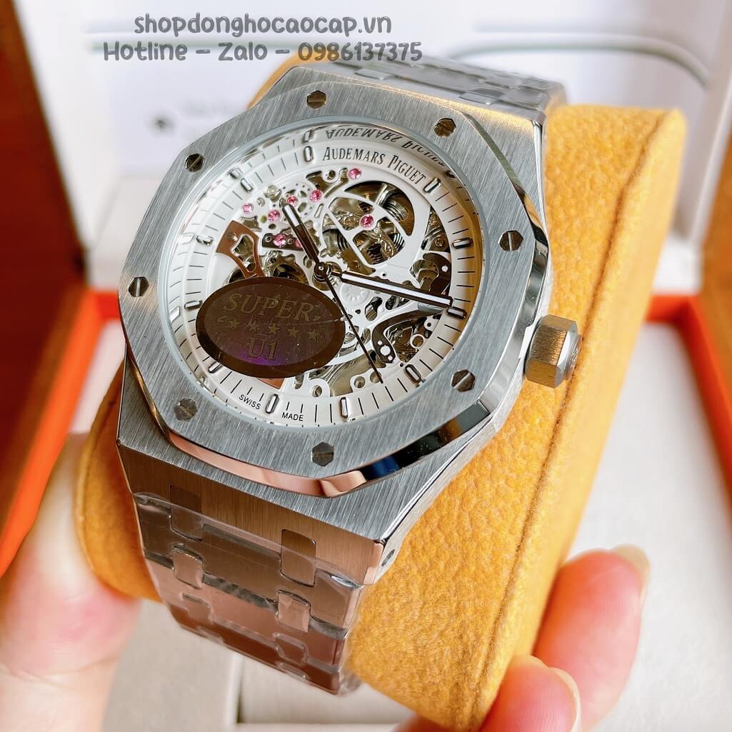 Đồng Hồ Audemars Piguet Royal Oak Automatic Dây Thép Màu Silver Mặt Trắng Lộ Máy Trước Sau 42mm