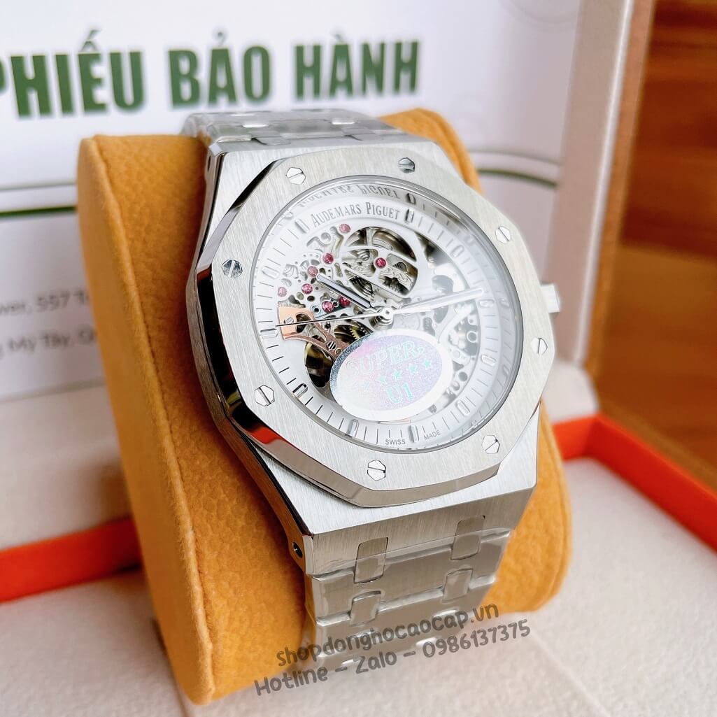 Đồng Hồ Audemars Piguet Royal Oak Automatic Dây Thép Màu Silver Mặt Trắng Lộ Máy Trước Sau 42mm