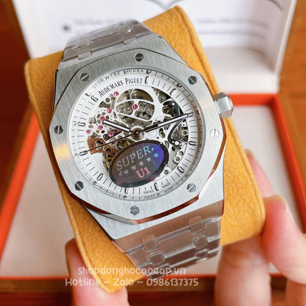 Đồng Hồ Audemars Piguet Royal Oak Automatic Dây Thép Màu Silver Mặt Trắng Lộ Máy Trước Sau 42mm